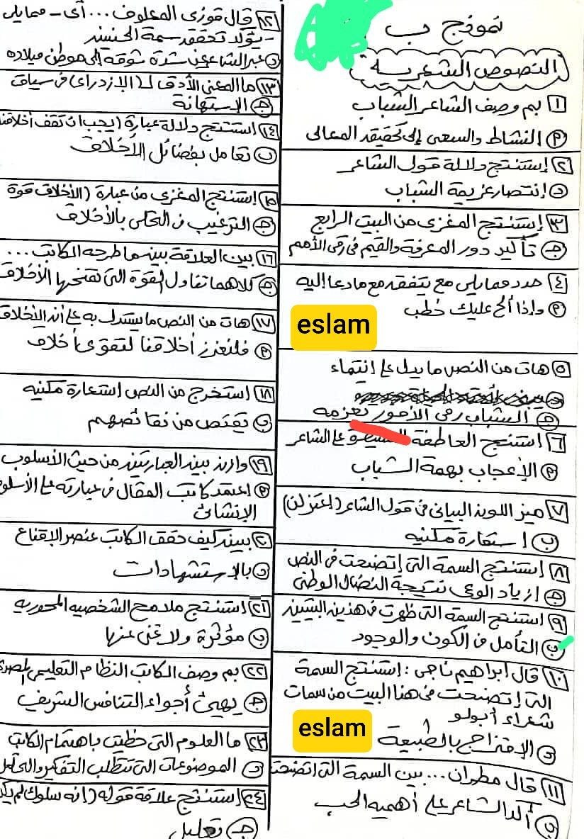 حل أسئلة العربي 2026 لطلاب الثانوية العامة