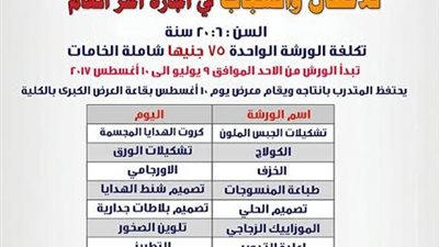 ورش فنية لليوم الواحد للأطفال والشباب بكلية الفنون التطبيقية بجامعة حلوان