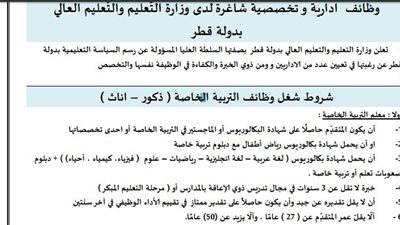 بمرتبات متميزة | وزارة التعليم القطرية تعلن عن وظائف جديدة للمعلمين والمعلمات.. ننشر نص الإعلان