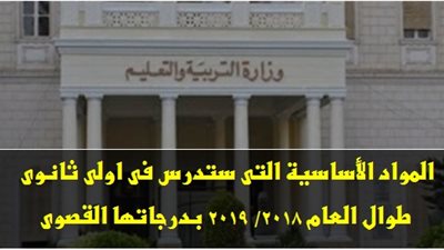 وفقا للنظام الجديد.. تعرف علي المواد الأساسية التى ستدرس فى اولى ثانوى طوال العام ٢٠١٨/ ٢٠١٩ بدرجاتها القصوى