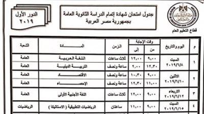 عاجل| ننشر جدول امتحانات الثانوية العامة 2019 والمواعيد النهائية لكل مادة