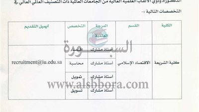 عاجل| الجامعة الإسلامية السعودية تعلن عن وظائف جديدة لأعضاء هيئة التدريس 