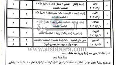 عاجل| بيان بمواعيد المقابلات مع لجنة اختيار القيادات الوسطي لعام 2020/2019 بمديرية التربية والتعليم بأسيوط