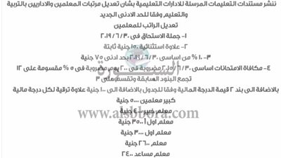 عاجل| فاكس تعديل مرتبات المعلمين بالتربية والتعليم وفقا لجدول الدرجات المالية الجديدة يصل إلي جميع الإدارات التعليمية 