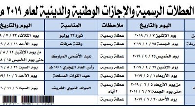 عاجل| ننشر قائمة الإجازات الرسمية المتبقية في 2019