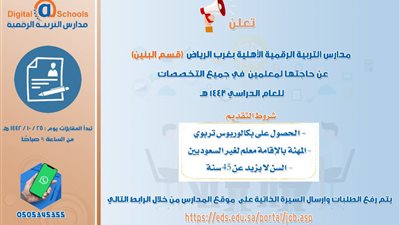 كبري مدارس الرياض السعودية تعلن عن وظائف جديدة للمعلمين والمعلمات.. ننشر نص الإعلان