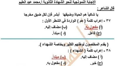 عاجل| ننشر نموذج اجابة النحو فى امتحان اللغة العربية للثانوية العامة
