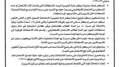 تعليمات مشددة وعاجلة من المديريات بشأن امتحانات الصفين الاول والثانى الثانوى