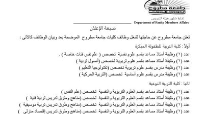 جامعة مطروح تعلن حاجتها الى اعضاء هيئة التدريس فى 4 كليات.. تفاصيل