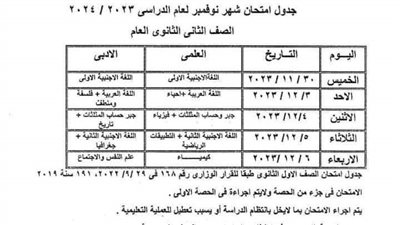 جدول امتحانات شهر نوفمبر للمراحل الثلاثة ( ابتدائى - إعدادى - ثانوى ) في محافظة الجيزة