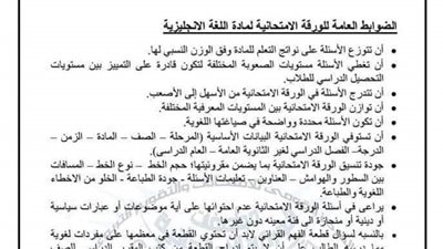  مواصفات الورقة الامتحانية في اللغة الانجليزية للصف الأول والثاني الثانوي 