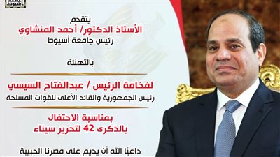 أخبار الجامعات|رئيس جامعة أسيوط يهنئ السيسي والقوات المسلحة بالذكرى الثانية والأربعين لتحرير سيناء