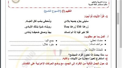 مراجعات نهائية.. أسئلة تقييم الاسبوع التاسع في اللغة العربية الصف الرابع الابتدائي