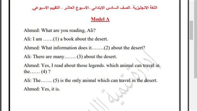 مراجعات نهائية.. أسئلة تقييم الاسبوع الـ 11 في اللغة الإنجليزية الصف السادس الابتدائي