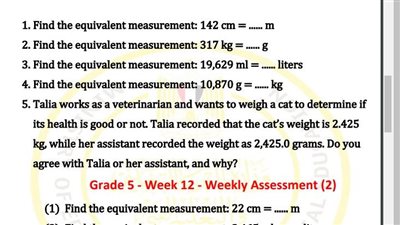 مراجعات نهائية.. أسئلة تقييم الاسبوع الـ 12 في الرياضيات Math الصف الخامس الابتدائي
