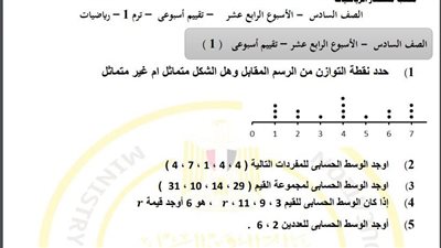 مراجعات نهائية.. أسئلة تقييم الاسبوع الـ 14 في الرياضيات لـ الصف السادس الابتدائي 