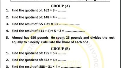 مراجعات نهائية.. لطلاب الصف الرابع الابتدائي.. أسئلة تقييم الاسبوع الـ 15 في الرياضيات لغات