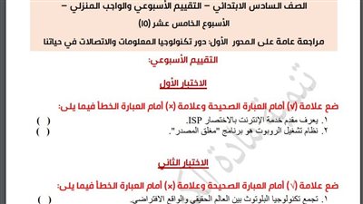 مراجعات نهائية.. أسئلة تقييم الاسبوع الـ 15 في الكمبيوتر الصف السادس الابتدائي