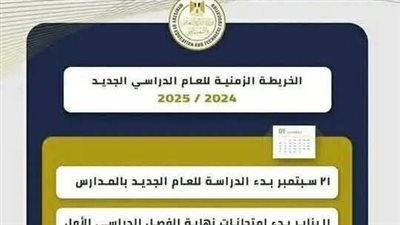 الخريطه الزمنية للعام الدراسي 2024/2025.. تبدأ أجازة نصف العام ٢٥ يناير.. ٨ فبراير بدء الترم الثاني