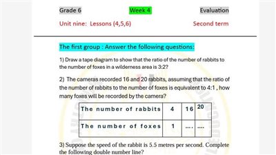 أسئلة تقييمات الاسبوع الرابع في الرياضيات لغات الصف السادس الابتدائي