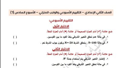 لطلاب الصف الثاني الإعدادي.. أسئلة تقييمات الأسبوع السادس الكمبيوتر