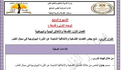 مراجعات نهائية.. أسئلة تقييم الأسبوع السابع الفلسفة والمنطق الصف الأول الثانوي