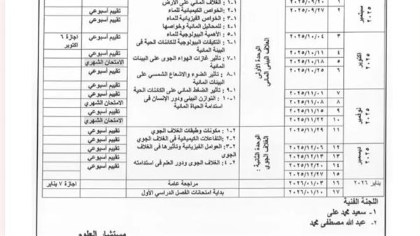 توزيع منهج العلوم