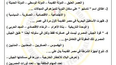 مراجعة نهائية.. أسئلة تقييمات الأسبوع العاشر في التاريخ الصف الأول الثانوي
