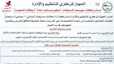  استدراكات الجهاز المركزي للتنظيم والإدارة لـ مسابقات معلم مساعد بنظام الحصة.. وتفاصيل التقديم الجديدة