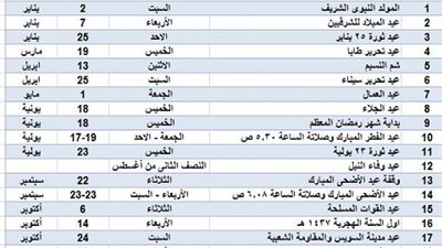 ننشر.. جدول الاجازات والمناسبات الرسمية في عام 2015