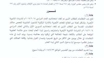 اليوم..غلق باب التظلمات للطلاب الذين تم إلغاء امتحاناتهم  للشهادة الثانوية الأزهرية.
