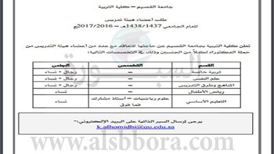 جامعة القصيم تعلن عن حاجتها للتعاقد مع حملة الدكتوراه ..سجل هنا 