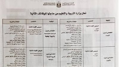 وزارة التربية والتعليم الإماراتية تعلن عن مسابقة جديدة لتعيين معلمين ومعلمات جدد.. سجل هنا
